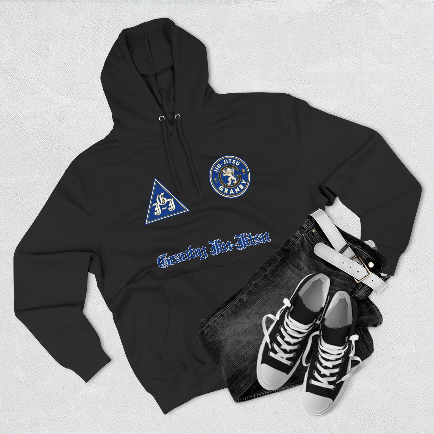 Granby Jiu-Jitsu Three-Panel Fleece Hoodie - Premium Team Edition, Adjustable Hood, Kangaroo Pocket, Soft Feel, Embroidered Design, Ideal