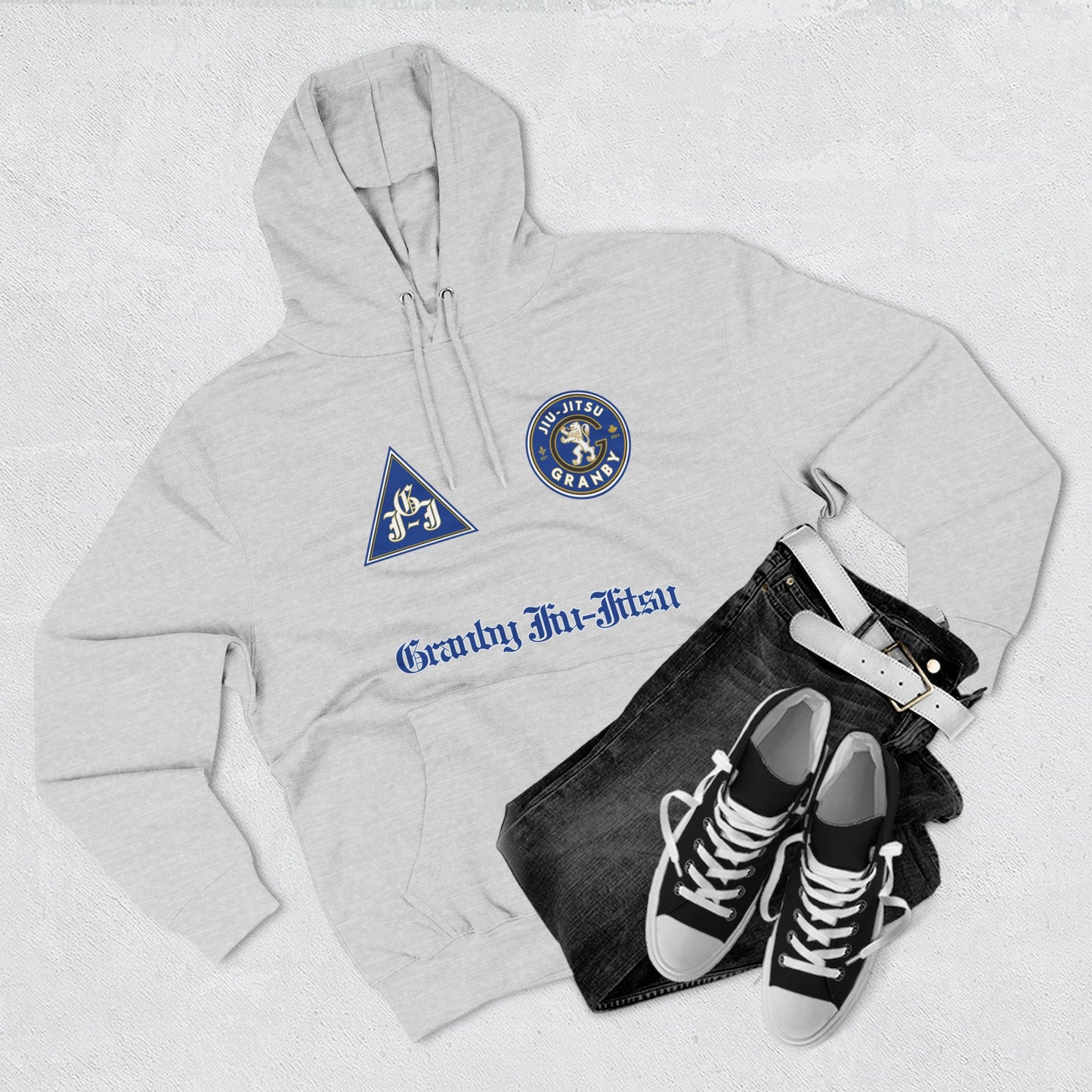 Granby Jiu-Jitsu Three-Panel Fleece Hoodie - Premium Team Edition, Adjustable Hood, Kangaroo Pocket, Soft Feel, Embroidered Design, Ideal
