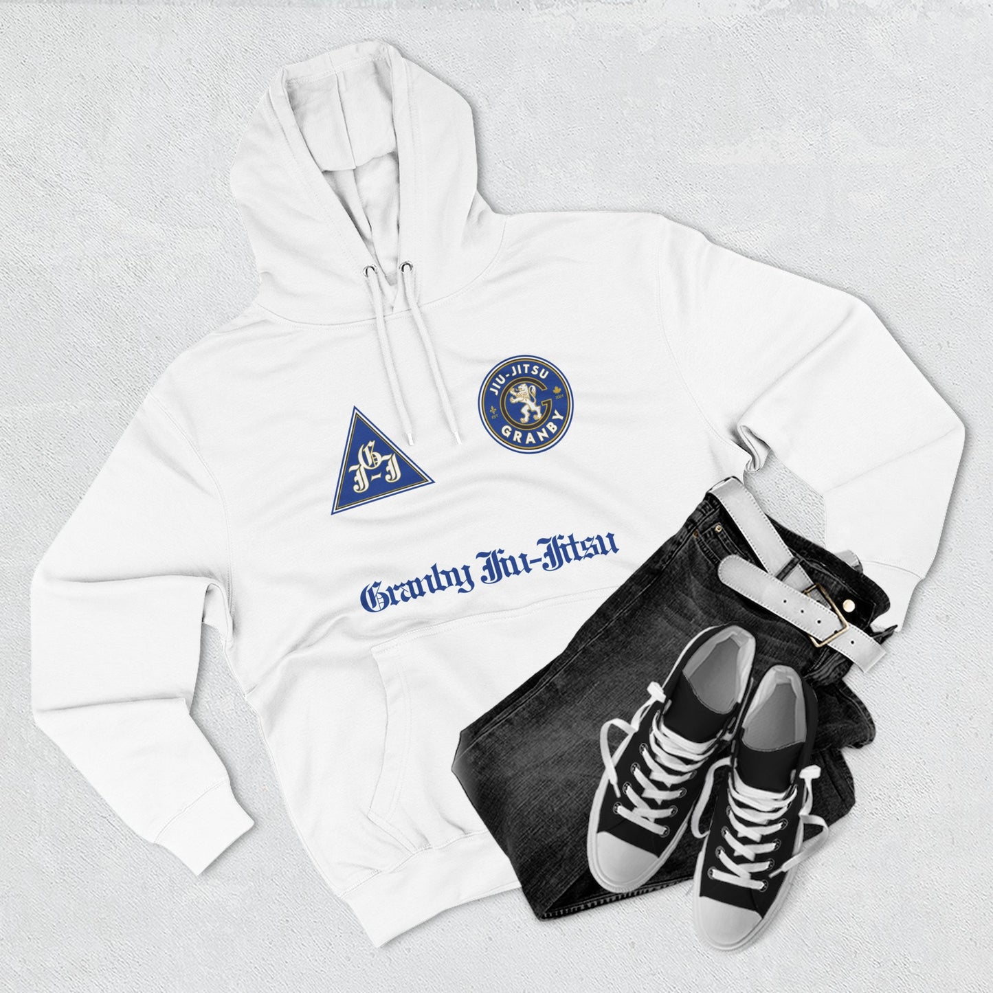 Granby Jiu-Jitsu Three-Panel Fleece Hoodie - Premium Team Edition, Adjustable Hood, Kangaroo Pocket, Soft Feel, Embroidered Design, Ideal